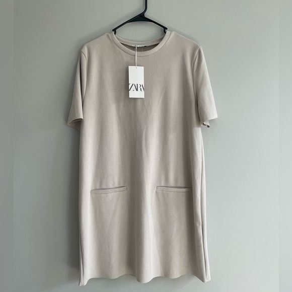 Zara Faux Vegan Suede Shift Mini Dress A Line Short Sleeves Size XL NWT - Picture 3 of 8
